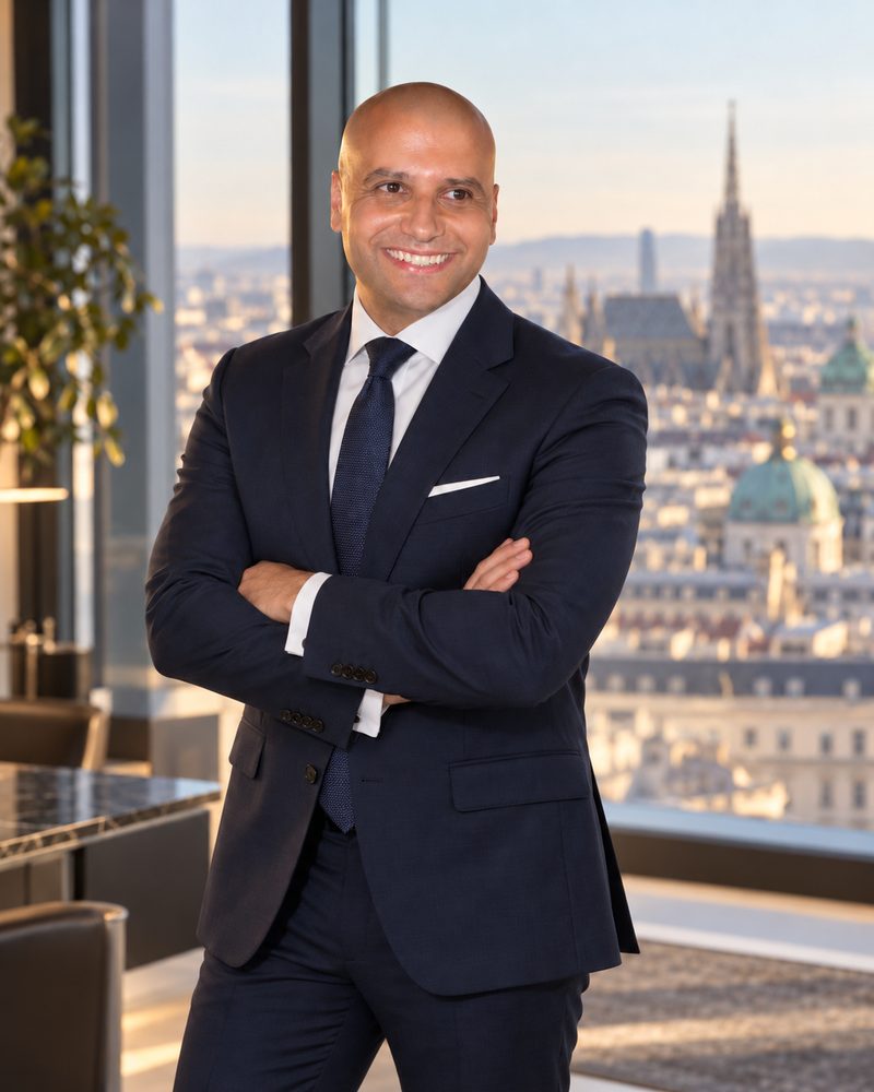 Essam El-Dakak in a navy suit with his arms crossed, in front of a window overlooking Vienna